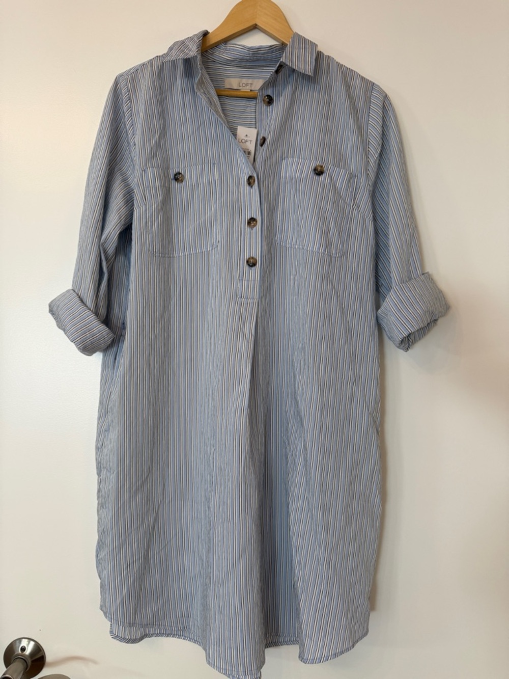 LOFT Light Blue and White Striped Long Sleeve Shirt Dress NWT Medium